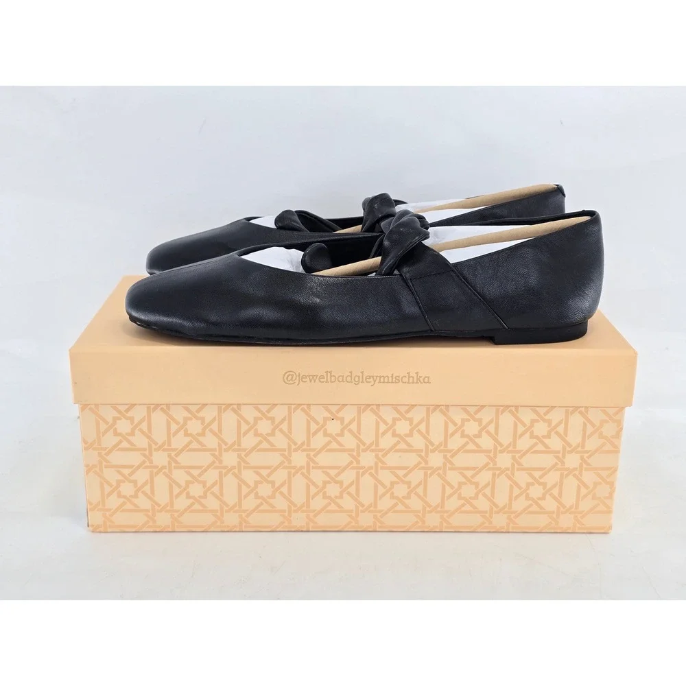 Jewel Badgley Mischka Taylore Flats Womens 7.5 Black Matte Leather Knot - New